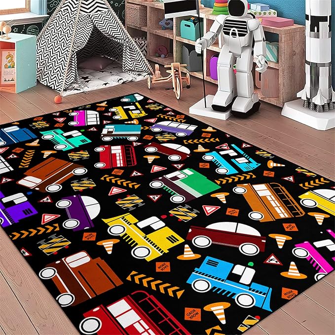 Car Rug Play Mat Kids Rugs for Playroom Car Rug for Boys Room Kids Mat Construction Play Mat Car Play Rug Car Carpet for Kids Carpet for Bedroom Truck Rugs for Boys Room,Black 2'5''×4' - LeafyLoom