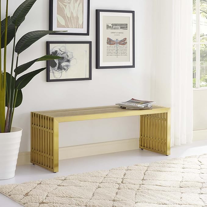 Modway Gridiron Contemporary Modern Gold Stainless Steel Medium Bench, 46.5" - LeafyLoom