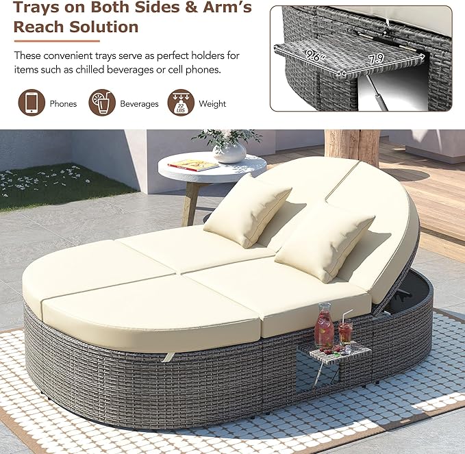 Outdoor DayBed Patio 2-Person Rattan Sun Bed Reclining Chaise Lounge with Adjustable Backrests, Foldable Cup Trays and Pillows, for Lawn,Poolside, Beige - LeafyLoom