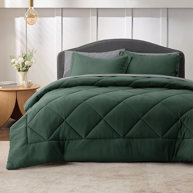 Bedsure Forest Green Twin Comforter Set - 5 Pieces Reversible Twin Bed in a Bag for College, Extra Long Twin Bed Set Forest Green and Grey with Comforters, Sheets, Pillowcase & Sham - LeafyLoom