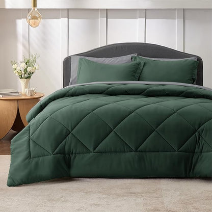 Bedsure Forest Green California King Size Comforter Set - 7 Pieces Reversible Cal King Bed in a Bag, Forest Green and Grey Bed Set with Comforters, Sheets, Pillowcases & Shams - LeafyLoom