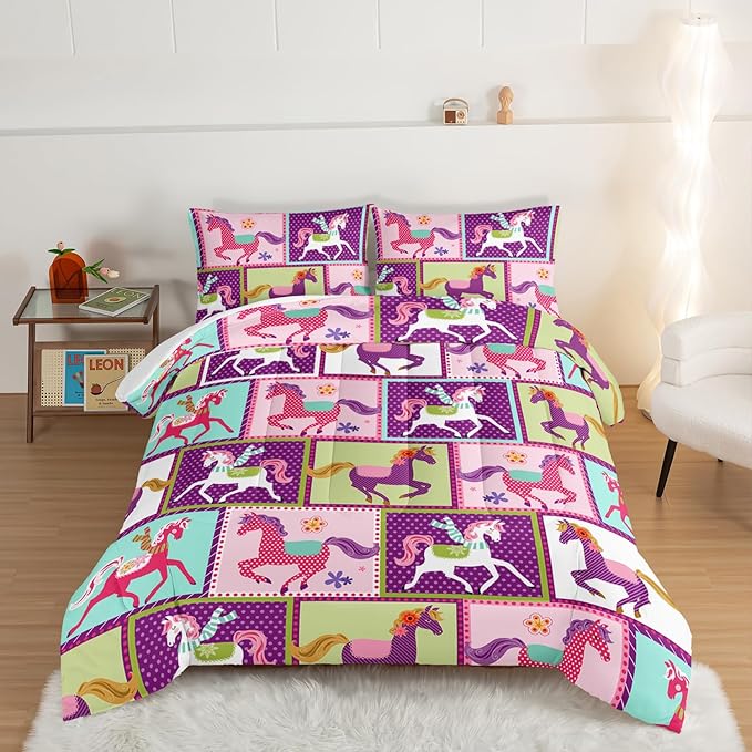 HOSIMA 3Pcs Kawaii Kids Horse Comforter Set with 2 Pillowcases,Colorful Dots Style Comforter for Adults Teens Princess Toddler Bedding Set,Horse Pony King Size Comforter Set. - LeafyLoom