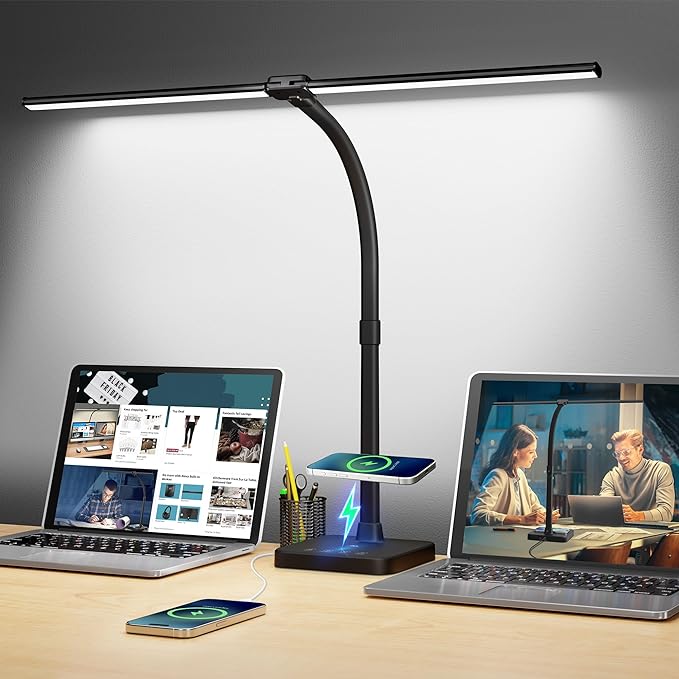 ShineTech LED Desk Lamp for Home Office, 24W Double Head Desk Light with Wireless Charging, USB Port, 25 Lighting Modes Adjustable Gooseneck Lamps - LeafyLoom