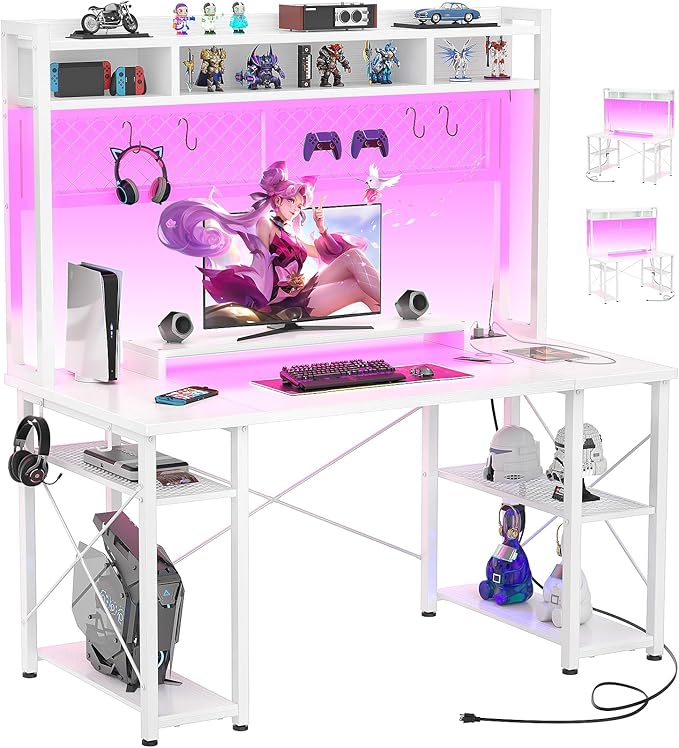 armocity 2024 Upgrade Gaming Desk with Hutch, 48'' Magic Computer Desk with LED Lights and Outlets, Reversible Workstation Desk with Pegboard and Monitor Stand, 48 Gamer Desk PC Table, White - LeafyLoom