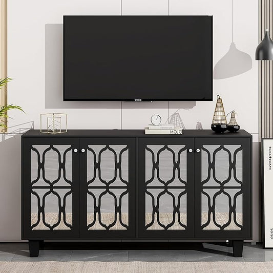 NicBex TV Stand for 65 Inch TV Modern TV Media Console Table with Adjustable Shelves, 4-Door Mirror Hollow-Carved,Entertainment Center with Storage for Living Room,63 Inch,Black - LeafyLoom