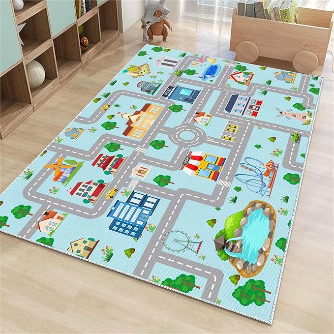 Kids Car Rug,4x6 City Life Traffic Road Playmat for Toy Cars Trains, Non-Slip Race Track Carpet Educational Fun Area Rugs for Boy and Girl Bedroom Nursery - LeafyLoom