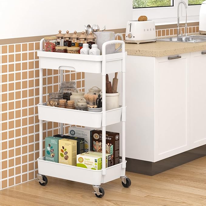 3-Tier Rolling Cart，Trolley with Drawer, Multifunctional Storage Organizer with Plastic Shelf & Metal Wheels, Kitchen Storage Cart for Living Room, Kitchen, Office, Bathroom, White - LeafyLoom