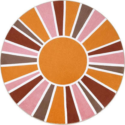 Topotdor Sun Rainbow Round Rug 4ft Boho Kids Nursery Rug, Colorful Washable Area Rug Ultra Soft Circle Classroom Rug Non-Slip for Bedroom Living Room Playroom Decor, Pink - LeafyLoom