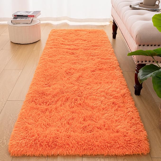 Softlife Area Rug for Bedroom, 2x6 Feet Runner Rug Plush Fluffy Rug for Living Room, Orange Shag Rug for Aesthetic Christmas Room Decor, Modern Fuzzy Faux Fur Carpet for Kids Nursery Room Dorm - LeafyLoom