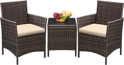 Greesum 3 Pieces Patio Furniture Sets Outdoor PE Rattan Wicker Chairs with Soft Cushion and Glass Coffee Table for Garden Backyard Porch Poolside, Brown and Beige - LeafyLoom