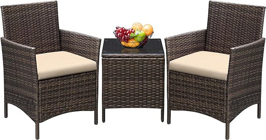 Greesum 3 Pieces Patio Furniture Sets Outdoor PE Rattan Wicker Chairs with Soft Cushion and Glass Coffee Table for Garden Backyard Porch Poolside, Brown and Beige - LeafyLoom