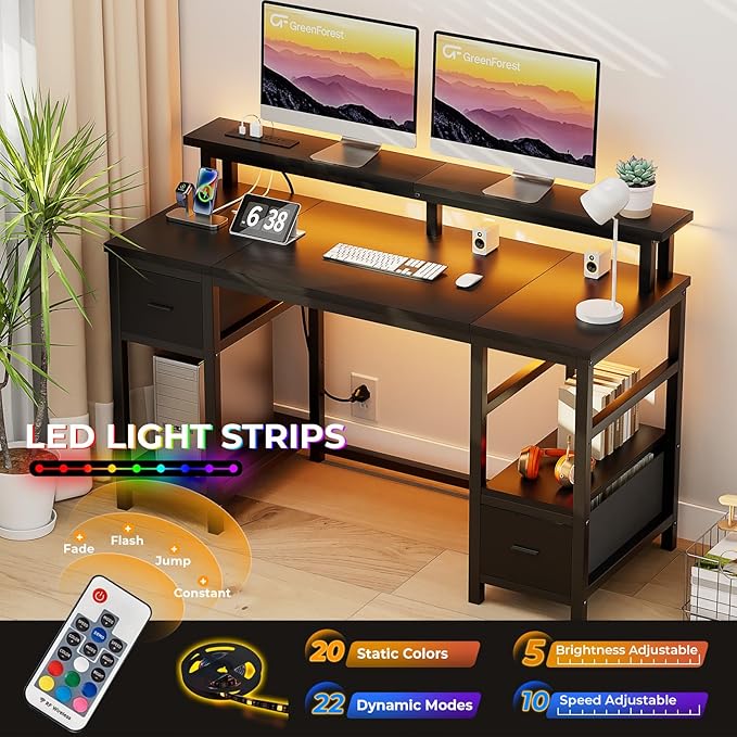 GreenForest Computer Desk with 2 Drawers and Power Outlets,50 Inch Office Desk with 2 Monitor Stands and Fabric File Cabinet, Reversible Gaming table with Led Lights and Shelves, Work Desk, Black - LeafyLoom