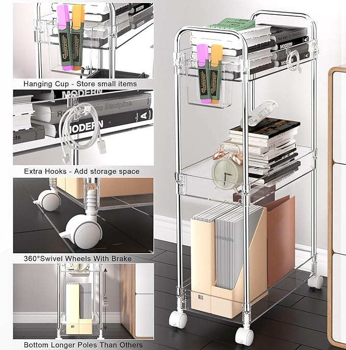 SPACEKEEPER 3 Tier Acrylic Storage Rolling Cart Clear Bathroom Cart Organizer, Transparency Laundry Room Organization Mobile Shelving Unit Multifunction Rolling Utility Cart for Office Living Room - LeafyLoom