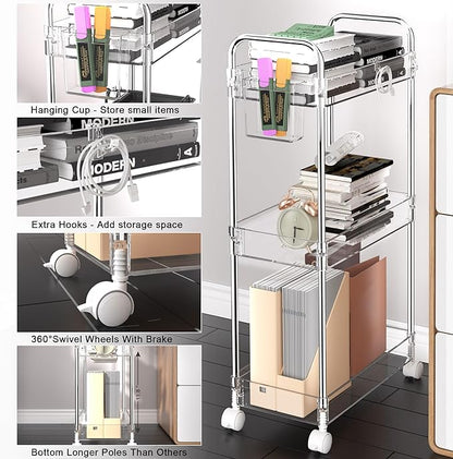 SPACEKEEPER 3 Tier Acrylic Storage Rolling Cart Clear Bathroom Cart Organizer, Transparency Laundry Room Organization Mobile Shelving Unit Multifunction Rolling Utility Cart for Office Living Room - LeafyLoom