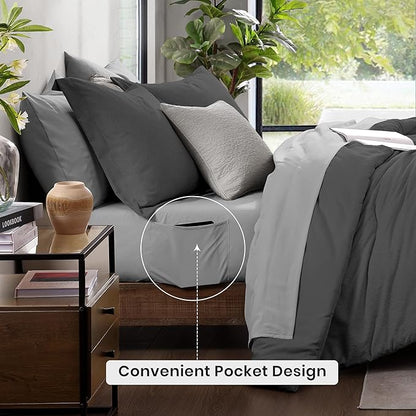 Monbix King Size Comforter Set, Dark Grey King Size Bed Set Reversible, King Size Comforter Set 7 Pieces, Cationic Dyeing Bed in a Bag with Comforter, Sheets, Pillowcases & Shams - LeafyLoom