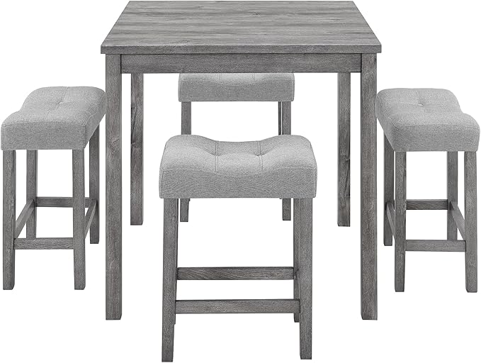 5 Piece Square, Industrial Breakfast Table + 4 Upholstered Stools, Bistro Dining Set, for Living, Small Apartment, Farmhouse, Game Room, Gray - LeafyLoom