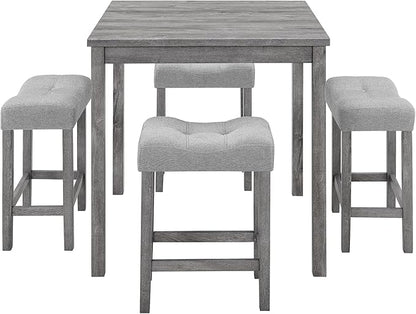 5 Piece Square, Industrial Breakfast Table + 4 Upholstered Stools, Bistro Dining Set, for Living, Small Apartment, Farmhouse, Game Room, Gray - LeafyLoom