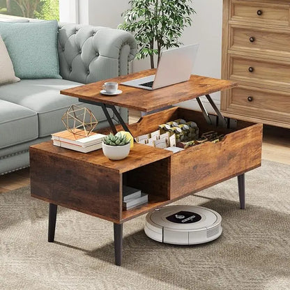 Coffee Table, Lift Top Coffee Tables for Living Room, Small Modern Wooden Center Tables with Storage Shelf and Hidden Compartment - LeafyLoom