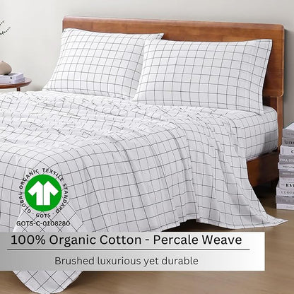 LANE LINEN 100% Organic Cotton California King Sheets Set, 4-Piece Organic Cotton Long Staple Percale Weave Soft Best Bedding Sheets for Bed, Breathable, Fits Mattress Upto 15" - Charcoal Windowpane - LeafyLoom