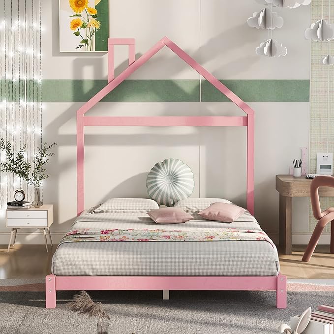 Jintop Full Size Wood Platform Chimney and House-Shaped Headboard,Bedroom Furniture Bed Frame W/ 10 Slat Support,Easy to Install,for Teens Kids Girls Boys,Pink - LeafyLoom