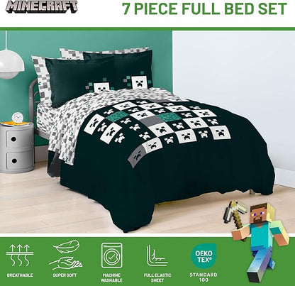 Minecraft Creeper Full Comforter Set - 7 Piece Gamer Bedding includes Sheet Set & Pillow Covers - Super Soft Checkered Kids Bedding - LeafyLoom