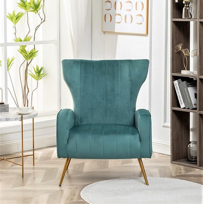 Armchair Modern Velvet Accent Chair, Channel Tufted Bedroom, Office or Living Room Furniture with Elegant Metal Legs, Teal - LeafyLoom