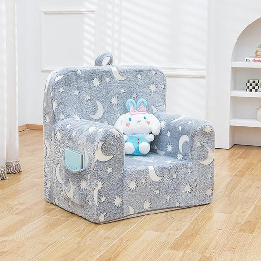 Snuggly-Soft Cuddly Toddler Plush Armchair for Boys and Girls Fuzzy Plush Kids Sofa Couch Reading Chair with Children Friendly Handle for Easy Movement & Double Pockets for Storage, Glowing Grey - LeafyLoom