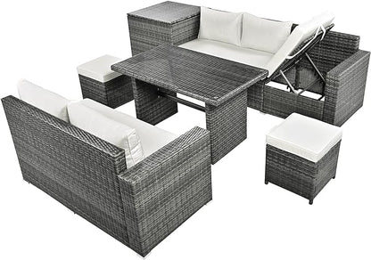 Outdoor Furniture 6-Piece Patio Sofa Set, All Weather PE Rattan Sectional Couch with Tempered Glass Dining Table, Adjustable Seat, Storage Box&Removable Covers, for Garden Backyard, 1, Beige - LeafyLoom