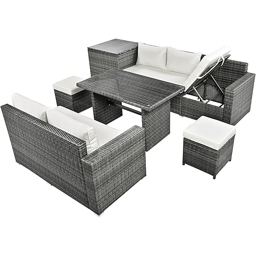 6-Piece Patio Furniture Set, L-Shaped Outdoor PE Wicker Rattan Sectional ConversationSet with Adjustable Seat, Storage Box, Removable Covers and Tempered Glass Top Table, for Backyard - LeafyLoom