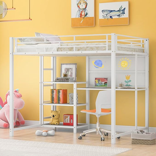 RITSU Full Size Loft Bed, Heavy Duty Metal Bunk Bedframe with Desk and Whiteboard, Safety Guardrail Fence & Ladder, 3 Big Storage Shelves, for Kids, Teens, White - LeafyLoom