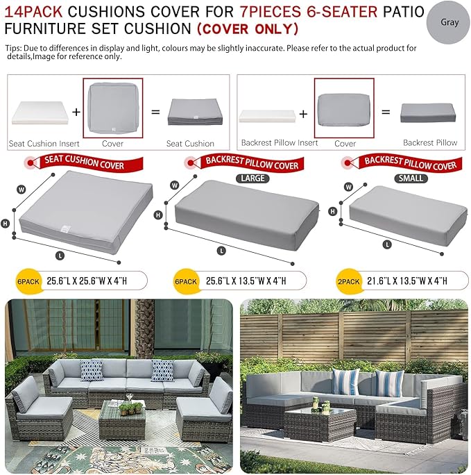 ClawsCover 14Pack Outdoor Patio Seat and Back Cushions Replacement Covers Fit for 7Pieces 6-Seater Wicker Rattan Sectional Couch Chair Furniture Set,Gray-Include Cover Only (Large) - LeafyLoom