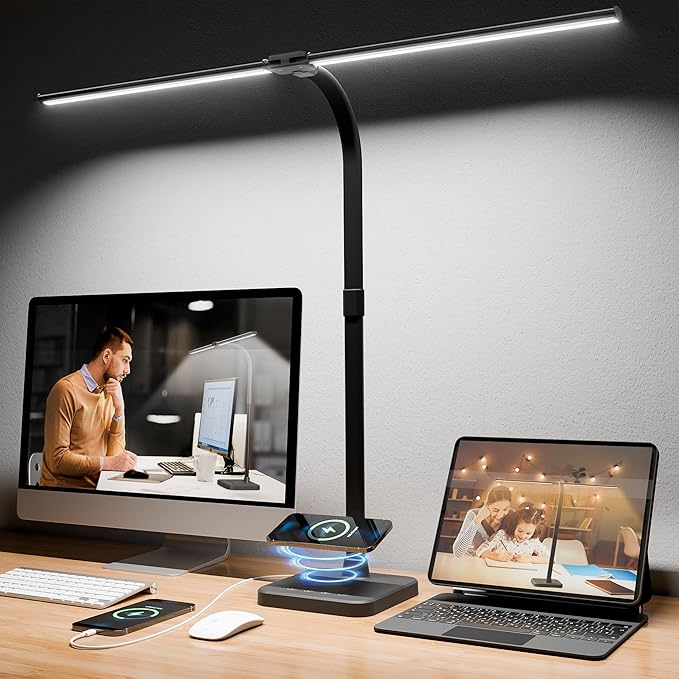 Otdair LED Desk Lamp for Home Office with Wireless Charger, 5 Modes 24W Double Head Flexible Gooseneck Eye-Caring Reading Study Light, Architect Light 5 Brightness Adjustable with Timer (Black) - LeafyLoom