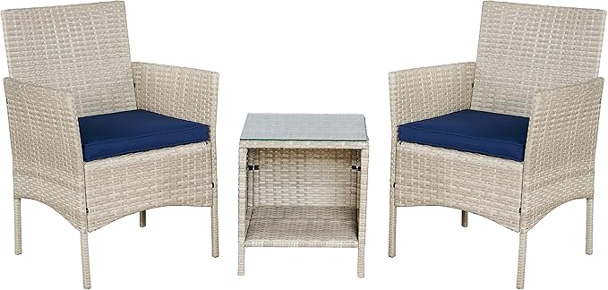 BTEXPERT Outdoor Wicker Conversation 3 Piece Bistro Set Garden Patio Yard Porch Furniture Space Saving Pe Rattan 2 Chairs Cushions Side Storage Glass Table Stone Gray/Navy Blue 3pc - LeafyLoom