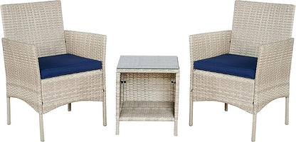 BTEXPERT Outdoor Wicker Conversation 3 Piece Bistro Set Garden Patio Yard Porch Furniture Space Saving Pe Rattan 2 Chairs Cushions Side Storage Glass Table Stone Gray/Navy Blue 3pc - LeafyLoom