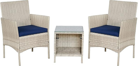 BTEXPERT Outdoor Wicker Conversation 3 Piece Bistro Set Garden Patio Yard Porch Furniture Space Saving Pe Rattan 2 Chairs Cushions Side Storage Glass Table Stone Gray/Navy Blue 3pc - LeafyLoom