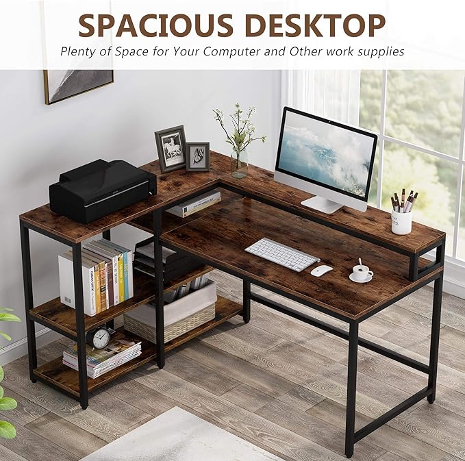 Reversible L Shaped Computer Desk with Storage Shelf, Industrial Corner Desk with Monitor Stand for Home Office - LeafyLoom