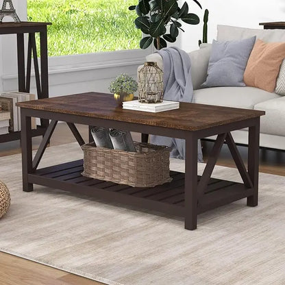 ChooChoo Farmhouse Coffee Table, Rustic Vintage Living Room Table with Shelf, 40 Espresso - LeafyLoom