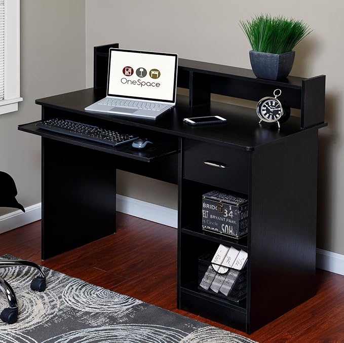 OneSpace Essential Computer Desk, Hutch with Pull-Out Keyboard, Black - LeafyLoom