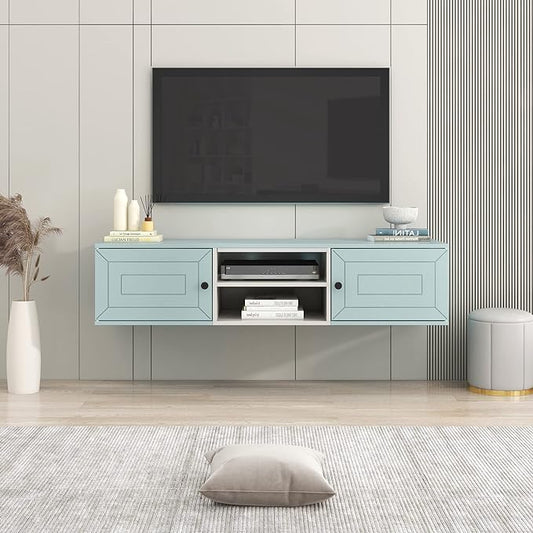 Mounted Floating TV Stand for TVs up to 65'', TV Console with 3 Levels Adjustable shelves, Magnetic Cabinet Door and Cable Management, Entertainment Center for Living Room, Light Blue - LeafyLoom