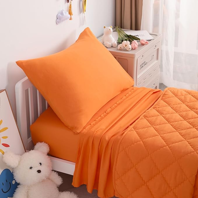 NTBAY Toddler Bedding Set - 4 Piece Soft and Breathable Crib Bedding Set for Boys and Girls, Includes Quilted Comforter, Fitted Sheet, Flat Top Sheet and Envelope Pillowcase, Orange - LeafyLoom