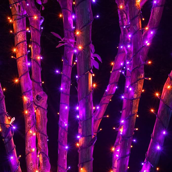 Dazzle Bright 2 Pack Total 400LED 132FT Halloween Solar String Outdoor Lights, 8 Modes Waterproof Halloween Lights for Bedroom Patio Garden Tree Party Yard Decoration (Purple & Orange) DazzleBright