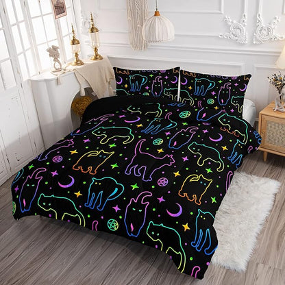 Black Cat Bedding Cartoon Cat Comforter Set Full,Moon Stars Printed Kids Bedding Set for Boys Girls Adults Room Decor,Kids Comforter Set All Season,1 Quilt 2 Pillow Cases,Neon Color Purple Blue Green - LeafyLoom