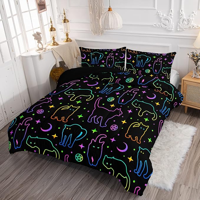 Black Cat Bedding Cartoon Cat Comforter Set Queen,Moon Stars Printed Kids Bedding Set for Boys Girls Adults Room Decor,Kids Comforter Set All Season,1 Quilt 2 Pillow Cases,Neon Color Purple Blue Green - LeafyLoom