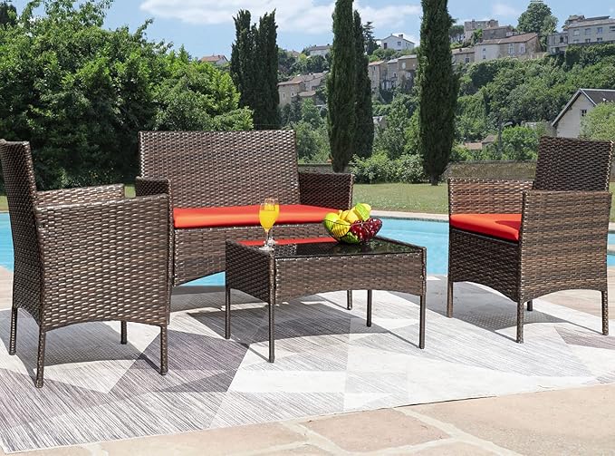 Greesum Patio Furniture 4 Pieces Conversation Sets Outdoor Wicker Rattan Chairs Garden Backyard Balcony Porch Poolside loveseat with Soft Cushion and Glass Table, Brown and Red - LeafyLoom