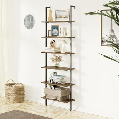 Ladder Shelf Black 6 Tiers Modern Bookshelf Room Organizer Open Tall Wall Mount Bookcase Standing Leaning Wall Shelves Industrial Decorative Living Room Bed Room - LeafyLoom