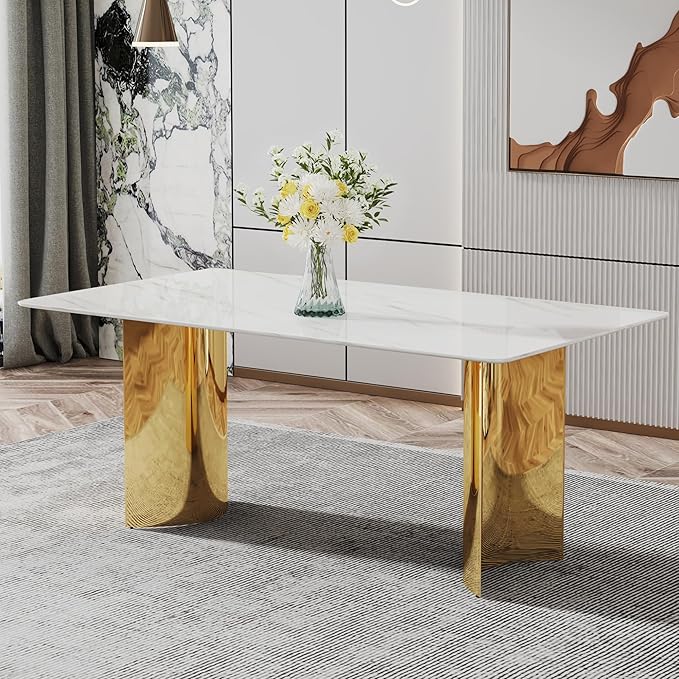 NicBex Modern Minimalist Dining Table The White Imitation Marble Glass Desktop is Equipped with Golden Metal Legs Suitable for Restaurants and Living Rooms, White - LeafyLoom