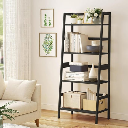 4-Tier Bamboo Bookshelf Ladder Shelf Book Shelf Bookcase Freestanding Storage Rack Plant Stand for Bedroom, Living Room, Bathroom, Small Space, Color Black - LeafyLoom