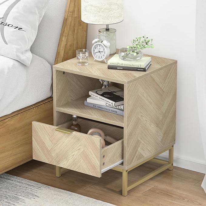 Anmytek Night Stand, Small Side Table, Sturdy Wood Nightstand with Storage Drawer and Shelf, Modern End Table Bedside Table with Polished Gold Handles for Bedroom, Dorm, Small Spaces H0054 - LeafyLoom