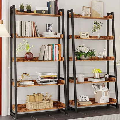 IRONCK Industrial Bookshelf 5-Tier 31.5in Wide, Bookcase Ladder Shelf, Storage Shelves Rack Shelf Unit, Accent Furniture Metal Frame, Home Office Furniture for Bathroom, Living Room - LeafyLoom