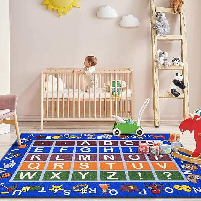 Ottomanson Jenny Children's Collection, Area Rug - 5' x 6'6", Educational Alphabet Blue - LeafyLoom